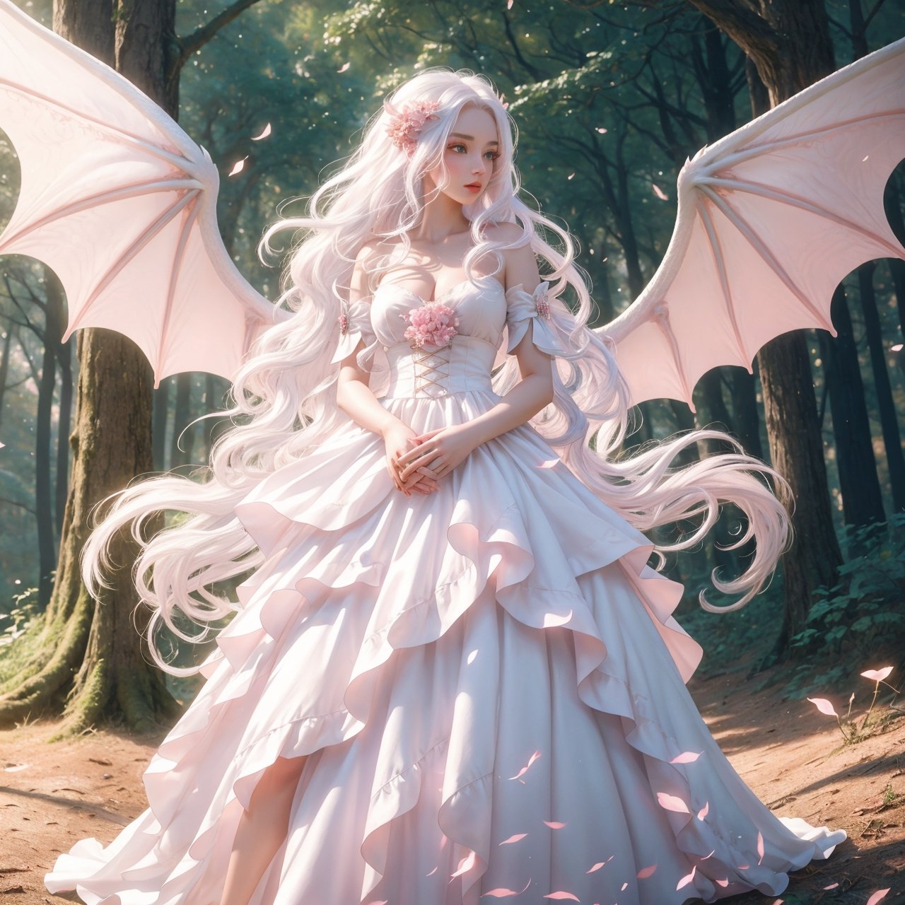 masterpiece, 1 girl, Extremely beautiful woman walking in the forest at night, glowing hair, long cascading hair, white hair, back view, full body, crimson dress with white skirt, dawn, full lips, hyperdetailed face, detailed eyes, dynamic pose, cinematic lighting, pastel colors, perfect hands, dragon girl, girl with dragon wings, dark fantasy