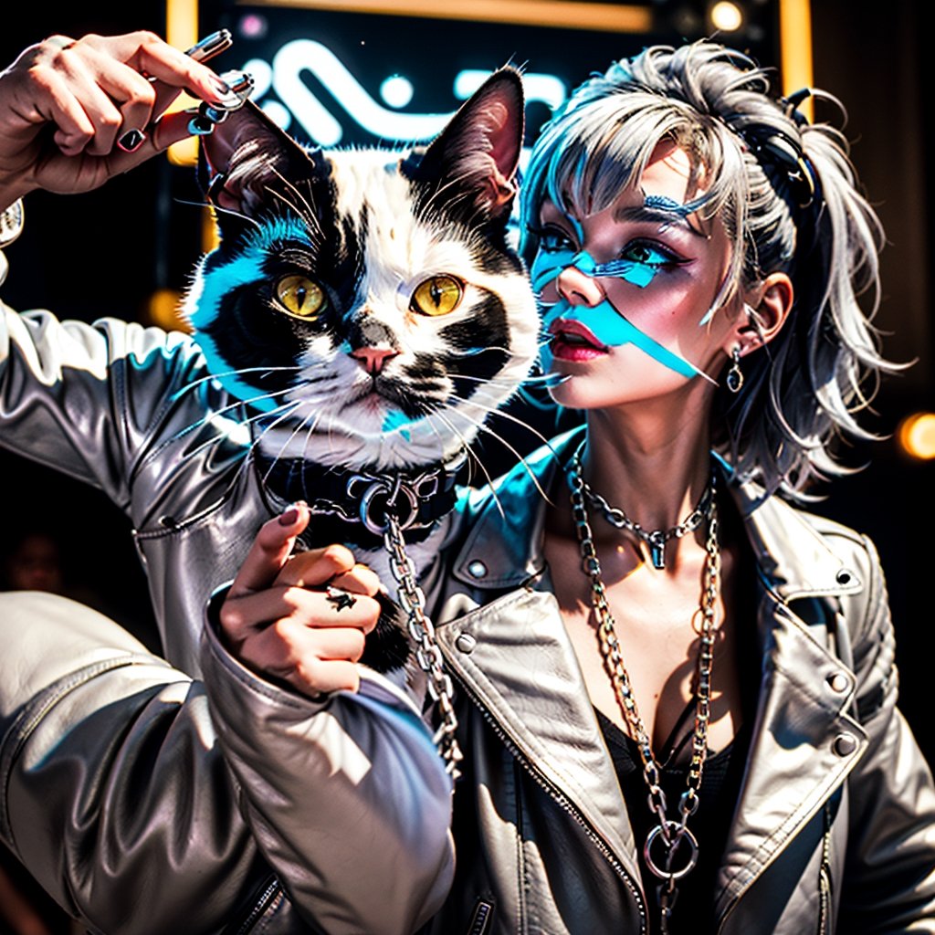 Masterpiece, Rocker CAT (Pussycat, beautiful cat face, white persian cat, leather jacket, silver chains),hardrock,glam rock style,hardrock style, Neon style, 80s age style