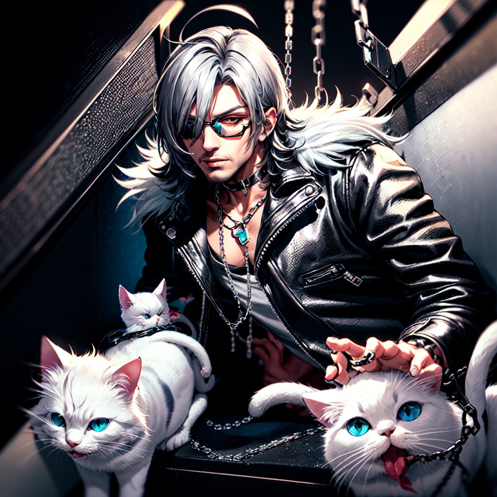 Masterpiece, Rocker CAT (male Pussycat, beautiful cat face, white persian cat, leather jacket, silver chains, biker),Looking at the viewer
,hardrock,glam rock style,hardrock style,front view, Neon style, 80s age style