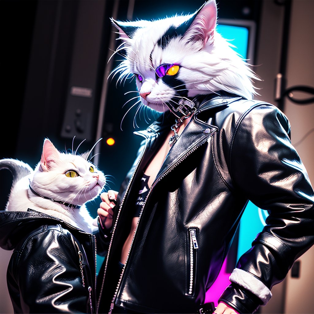 Masterpiece, Rocker CAT (male Pussycat, beautiful cat face, white persian cat, leather jacket, silver chains, biker),Looking at the viewer
,hardrock,glam rock style,hardrock style,front view, Neon style, 80s age style