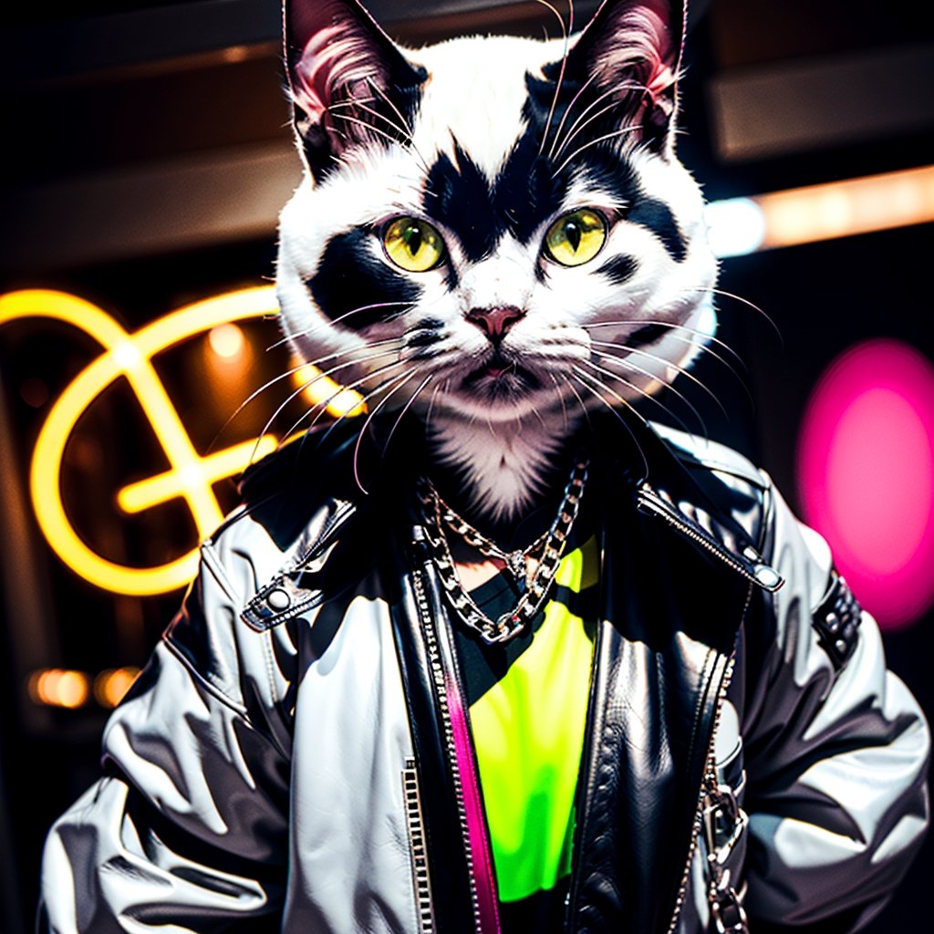 Masterpiece, Rocker CAT (Pussycat, beautiful cat face, white persian cat, leather jacket, silver chains),hardrock,glam rock style,hardrock style, Neon style, 80s age style