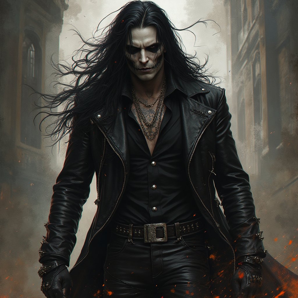 (masterpiece) concept art of Eric Draven (full body),  strong muscle metalheads (Heavy Metal style),  Goth boys by user_62...