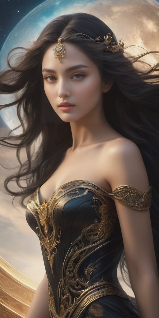 ((masterpiece)),((best quality)), 8k, high detailed, ultra-detailed, A woman with a captivating and alluring gaze, a face that's the epitome of desire, a gracefully curved figure, flowing black long hair, a goddess-like expression and aura, a traditional feminine ideal, hovering in the air.,more detail XL,fantasy00d,EpicArt,High detailed 