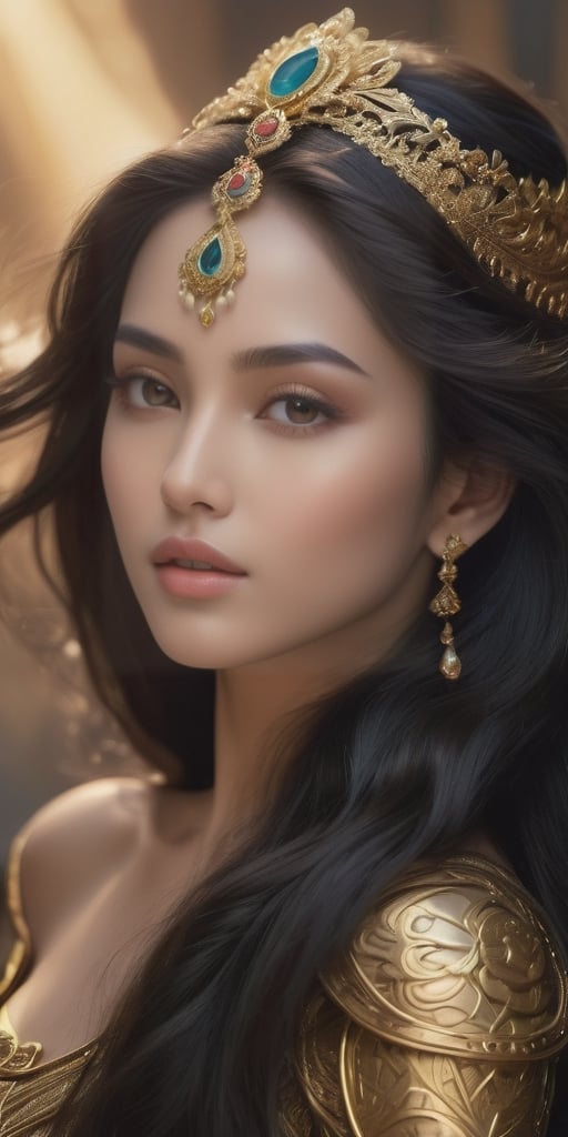 ((masterpiece)),((best quality)), 8k, high detailed, ultra-detailed, A woman with a captivating and alluring gaze, a face that's the epitome of desire, a gracefully curved figure, flowing black long hair, a goddess-like expression and aura, a traditional feminine ideal, hovering in the air.,more detail XL,fantasy00d,EpicArt,High detailed 