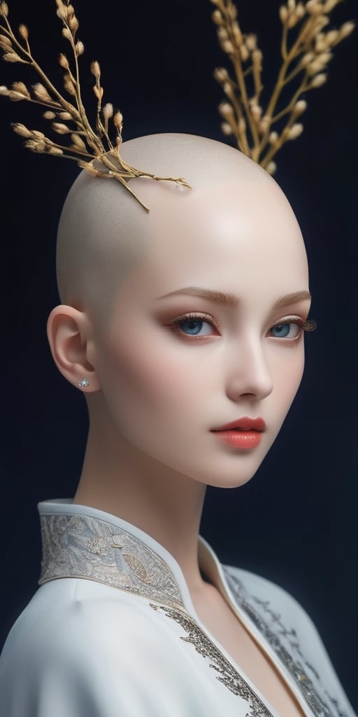 ((masterpiece)),((best quality)), 8k, high detailed, ultra-detailed,
A bald girl with porcelain-smooth skin, adorned with willow-like eyebrows. Her eyes sparkle like a dazzling black night sky, emanating a mysterious aura. A gracefully elevated and perfect nose complements enticing and alluring lips, portraying an overall elegance and charm.,xxmixgirl,xxmix_girl