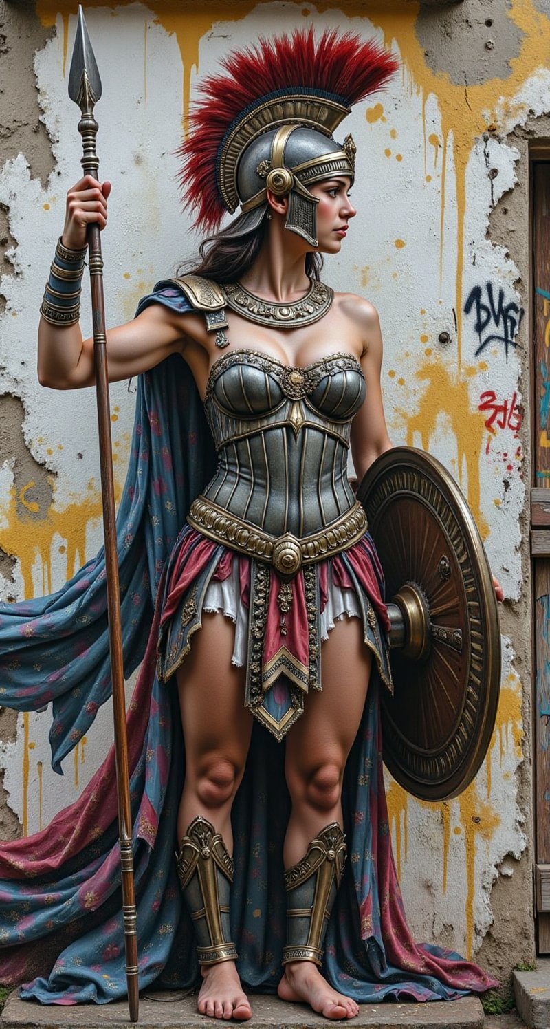 
A cinematic medium shot of a breathtaking graffiti depicting the beautiful Greek goddess Athena in a warrior pose. She is wearing an intricately designed helmet, armor, and holds a spear and shield. The abstract background showcases a mix of urban sophistication and street art culture. The artwork is in the style of Thomas Benjamin Kennington.,natural lighting