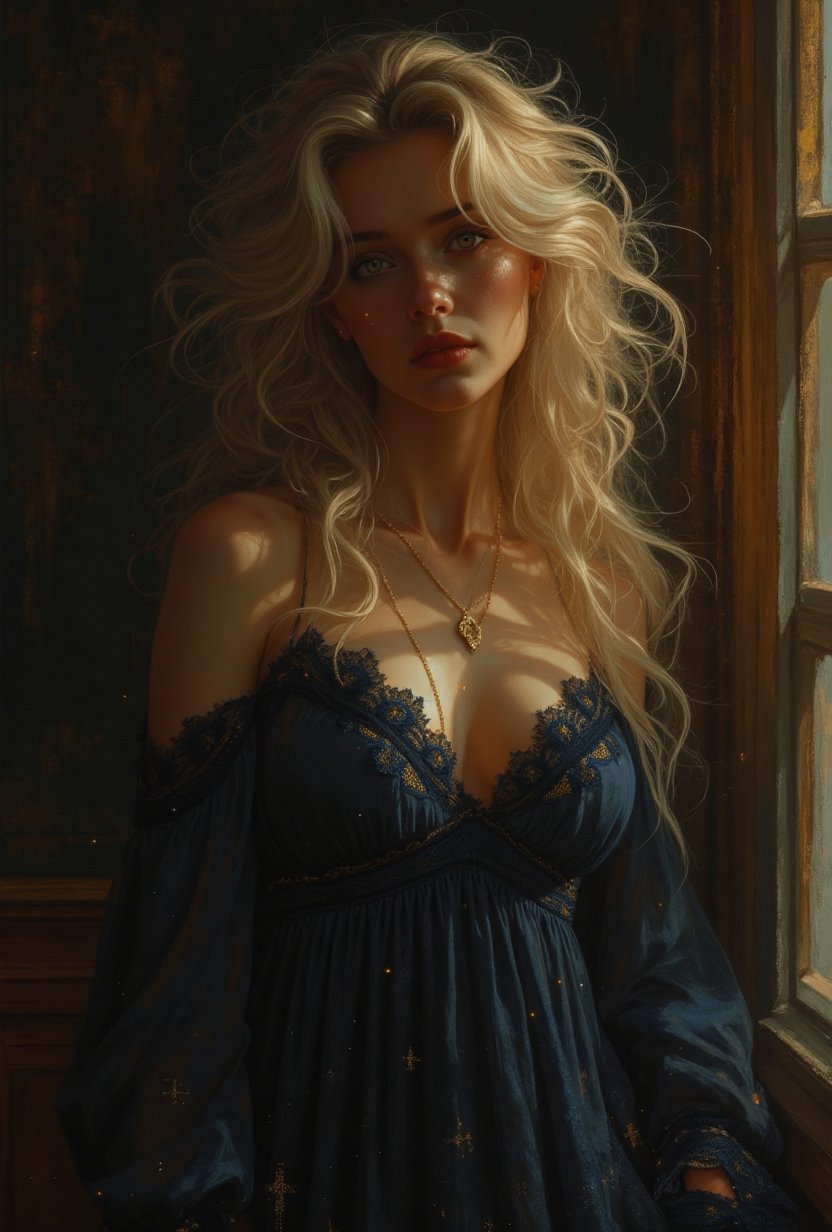 In this captivating classical oil painting,  a woman with wild blonde hair stands solo in a dimly lit room. Her piercing g...