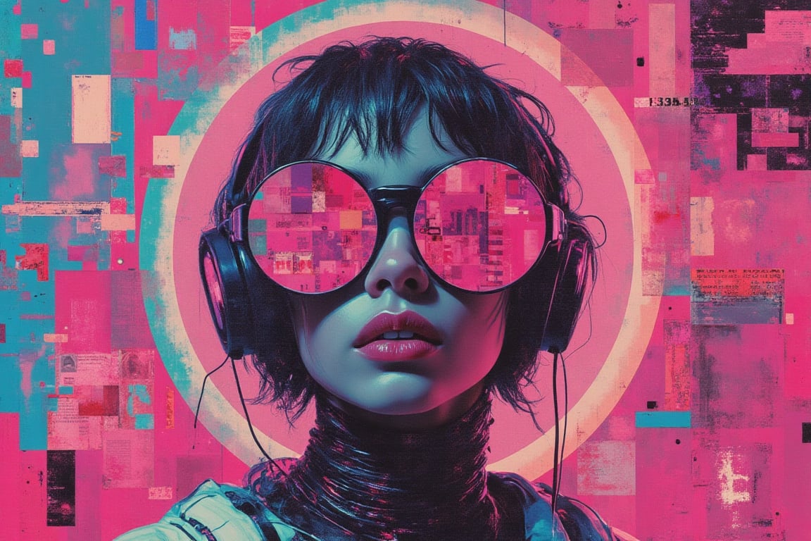 Vaporwave artwork in the style of Odilon Redon,  collage elements,  fragmented with broken pixels effect by ZophaeL Sins o...
