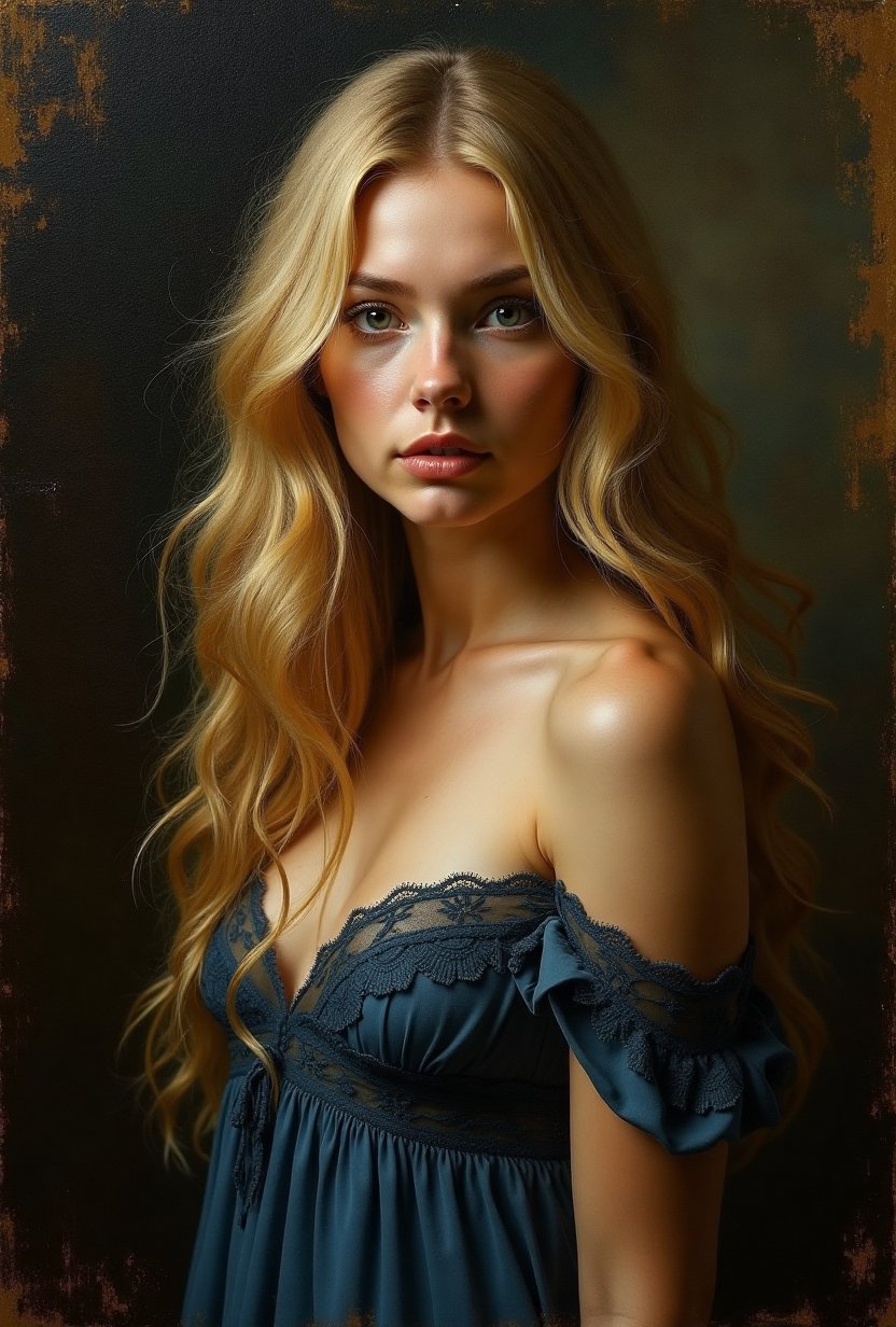Classical oil painting in impressionist style,  close-up portrait of a woman with long wild blonde hair,  standing alone i...