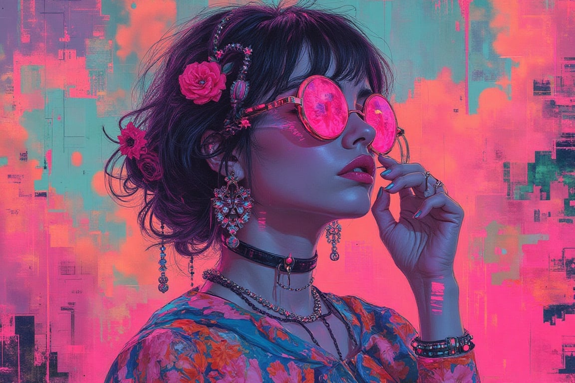 Vaporwave artwork in the style of Odilon Redon,  collage elements,  fragmented with broken pixels effect by ZophaeL Sins o...