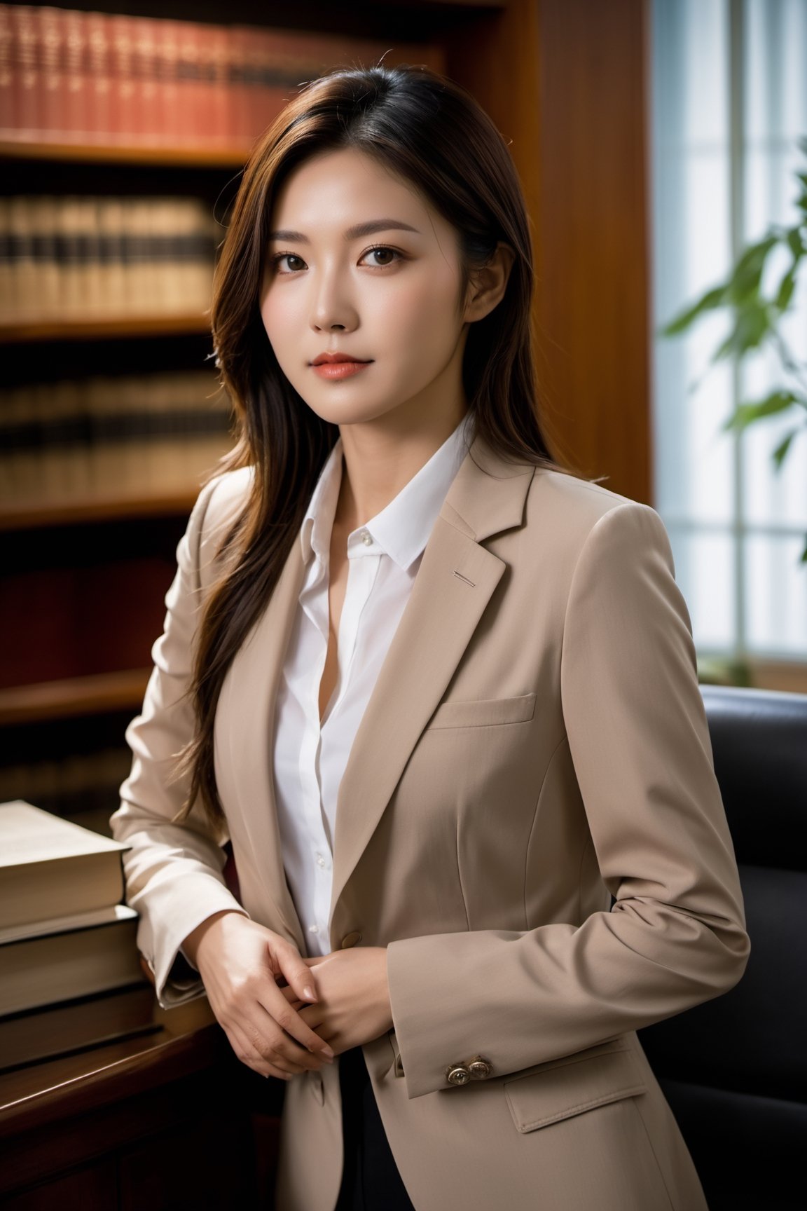 xxmix_girl, 1girl, Realistic, (full body:1.3), Candid Photo of an Asian female lawyer, scene set in a well-furnished office, books lining the shelves behind her, warm color temperature, calm demeanor emphasized, soft smile, hint of contentment evident, captured using a 50mm lens, balance between subject and surroundings, natural lighting from a nearby window, gentle shadows cast, serene atmosphere