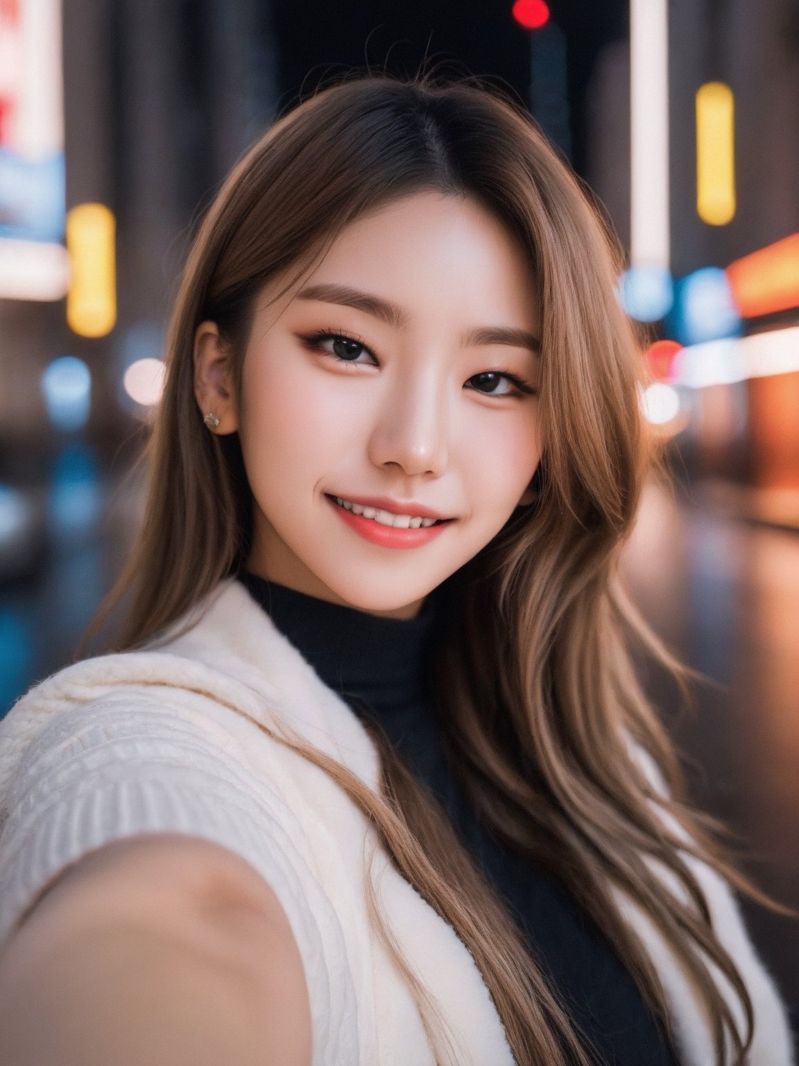 1girl, solo, Texas street, night, winter, cityscape, city lights, upper body, close-up, (selfie:1.2), 8k, RAW photo, best quality, (masterpiece:1.4), realistic, photo-realistic, (closed smile:1.2),  soft smile, kpop idol makeup,yejiltzy,yeji,FilmGirl