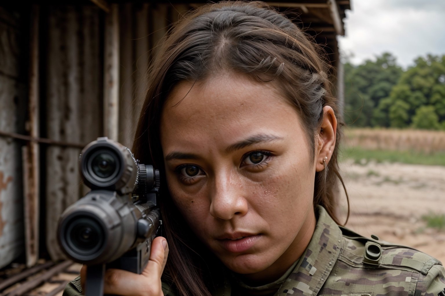 xxmix_girl, 1girl, Realistic Candid Photo of a female thailand soldier patrolling, (close up:1.2), full_gear_soldier, full gear, soldier,crouching, sniper, she is pointing her sniper at a target, aimpoint,outside of an abadoned shed, rotting walls, protecting a VIP in the shed, warm color temperature,  captured using a 50mm lens, balance between subject and surroundings, natural lighting, gentle shadows cast,Extremely Realistic,aiming at viewer