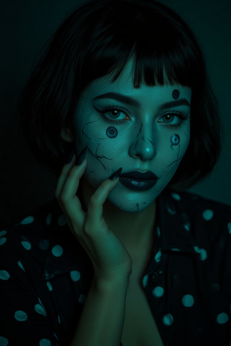 Close-up of a woman with elaborate Halloween makeup and costume. 


The woman's face is painted with a cracked, pale-white/gray effect, giving it a doll-like or zombie-like appearance. Large, dark-colored buttons are painted on her eyesockets, and other stylized cosmetic features are applied, suggesting doll-like or spooky makeup.  Her lips are painted a dark color, almost black, and her facial features are exaggerated in a way that is visually striking and somewhat unsettling.


Her hair, which appears to be a dark wig, is styled in a bob or shoulder-length cut. The lighting casts a teal/turquoise or electric green hue on the costume, skin, and hair, which further emphasizes the spooky, macabre theme. 


Her fingernails, seen prominently, are long and sharp, painted black and styled in a way evocative of claws. Her clothing appears to be a black shirt with white polka dots. 


The background is completely dark, focusing all attention on the woman and her unique and elaborate costume.