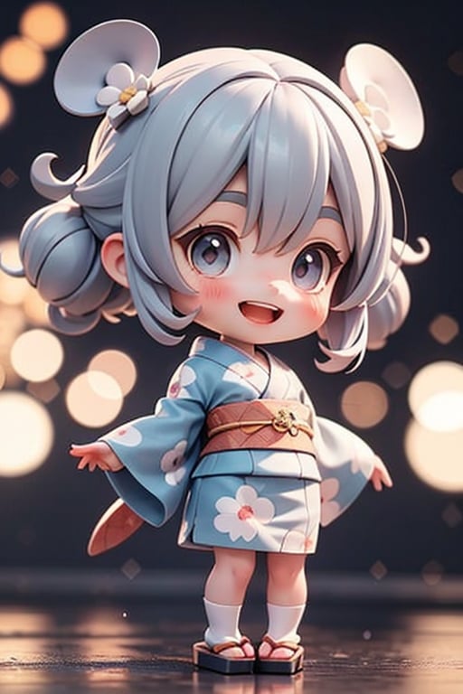 3d, chibi style, Busy stock exchange, cute girl wearing Japanese kimono, solo, very happy, smile open mouth,Graphics in the style of Walt Disney 