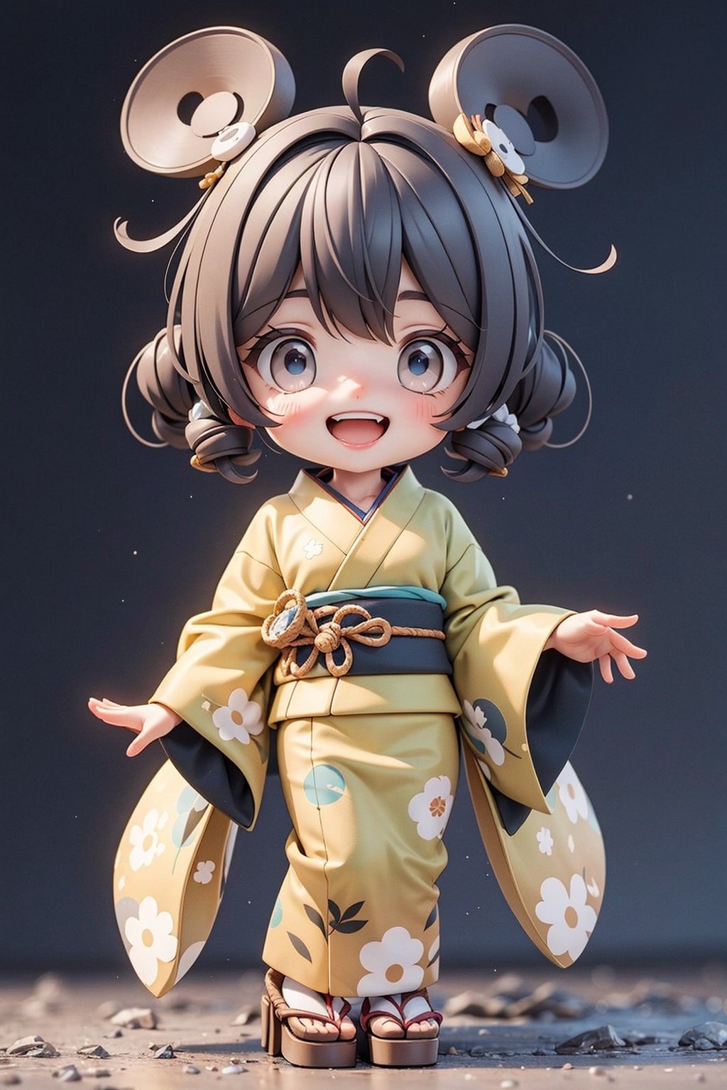 3d, chibi style, Busy stock exchange, cute girl wearing Japanese kimono, solo, very happy, smile open mouth,Graphics in the style of Walt Disney 