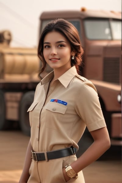 full body photo portrait of a gorgeous indian Women dressed as truck driver, truck in background, attractive, truck driver costume, dirty skin, (((full body visible))), looking at viewer, portrait, photography, detailed skin, realistic, photo-realistic, 8k, highly detailed, full length frame, High detail RAW color art, piercing, diffused soft lighting, shallow depth of field, sharp focus, hyperrealism, cinematic lighting