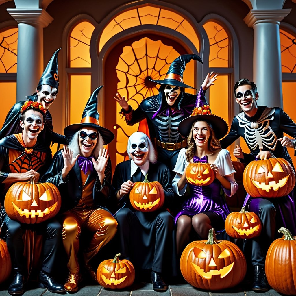 an image featuring Halloween characters enjoying a joyous and whimsical celebration, all with smiles on their faces, 48k, ultra-detailed hyper realistic, Photorealistic, Surreal Lighting