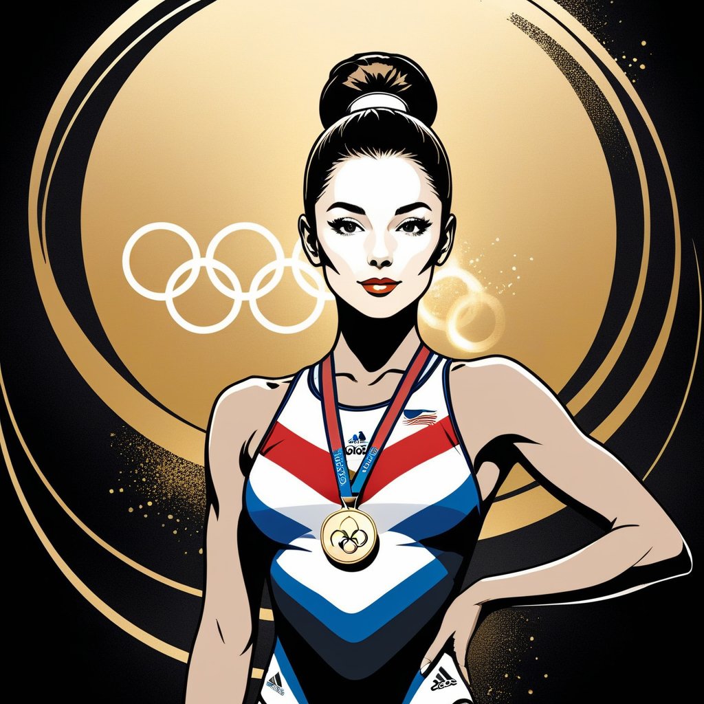 Vector art, Minimalist ink art, stunning beauty, Olympic athletes, gold medal,  Artistic Gymnastics, a portrait picture, incredible detail, fantasy portrait, Olympic Rings in background,