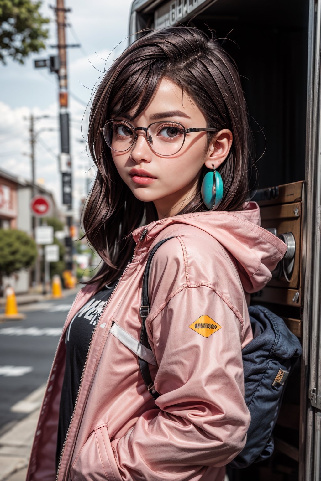 1girl, wearing glasses, thick frame glasses, black hair, mailbox, looking at audience, pants, earrings, power cord, long sleeves, pink jacket,solo, outdoors, brown eyes,construction,.best quality,masterpiece,