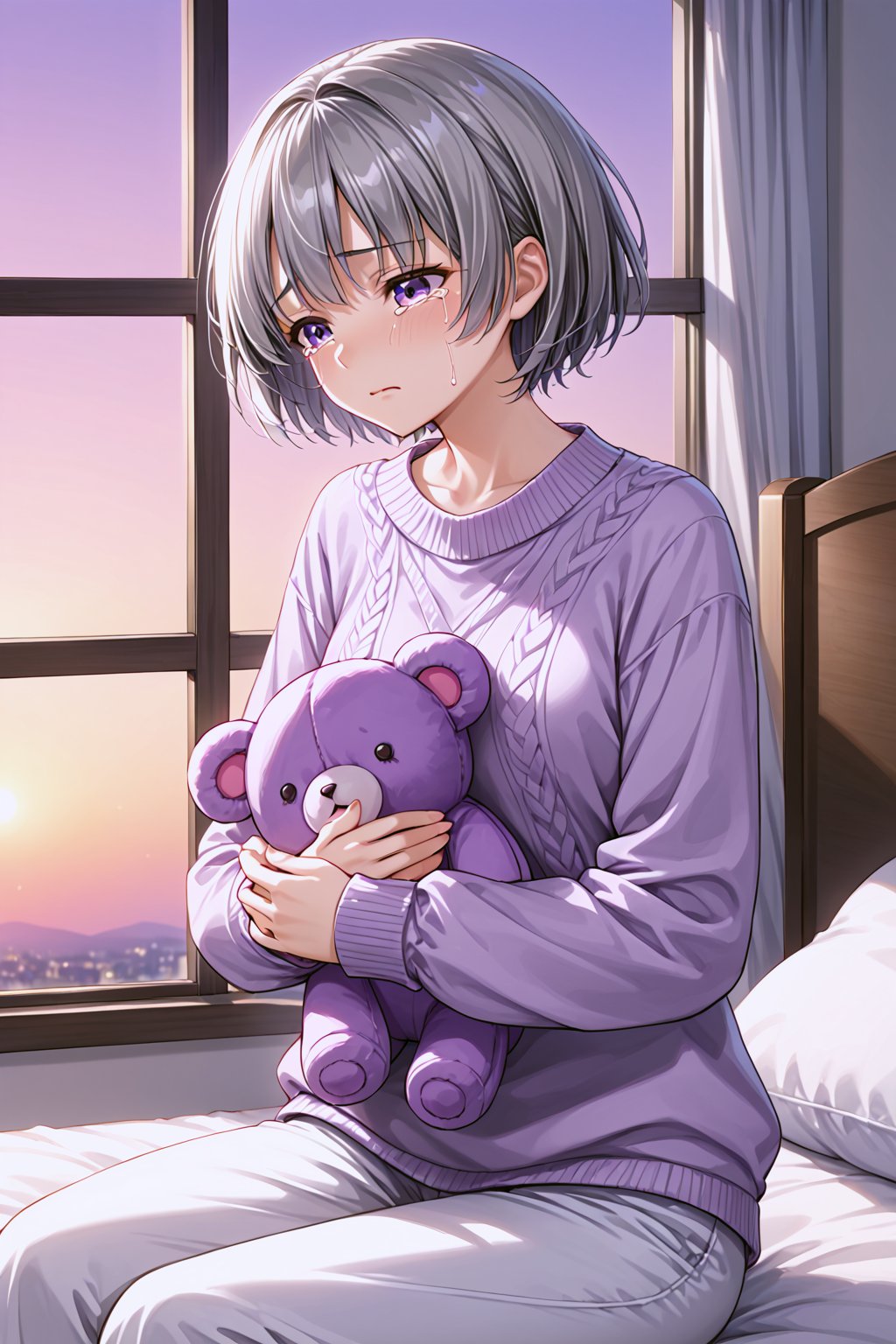 source anime, 1girl, beautiful girl, gray hair, full short hair/bob, dressed in a sweater and pants, sitting on the bed holding a soft toy and crying, tears flowing, sad girl, against the background of the bed is a window with a purple sunset, anime, portrait, 