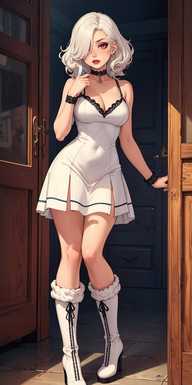 absurdres, [perfect shadows and lighting], detailed background, incredible high-key lighting, masterpiece, high quality, detailed, extremely detailed, ambient soft lighting, 4K, 1girl, white hair, blond hair, red eyes, choker, curly hair, white knitted dress with straps on the bust, high boots with heels,  hair over one eye, (eye shadow:1.3) (eye long line:1.3) (red lipstick)