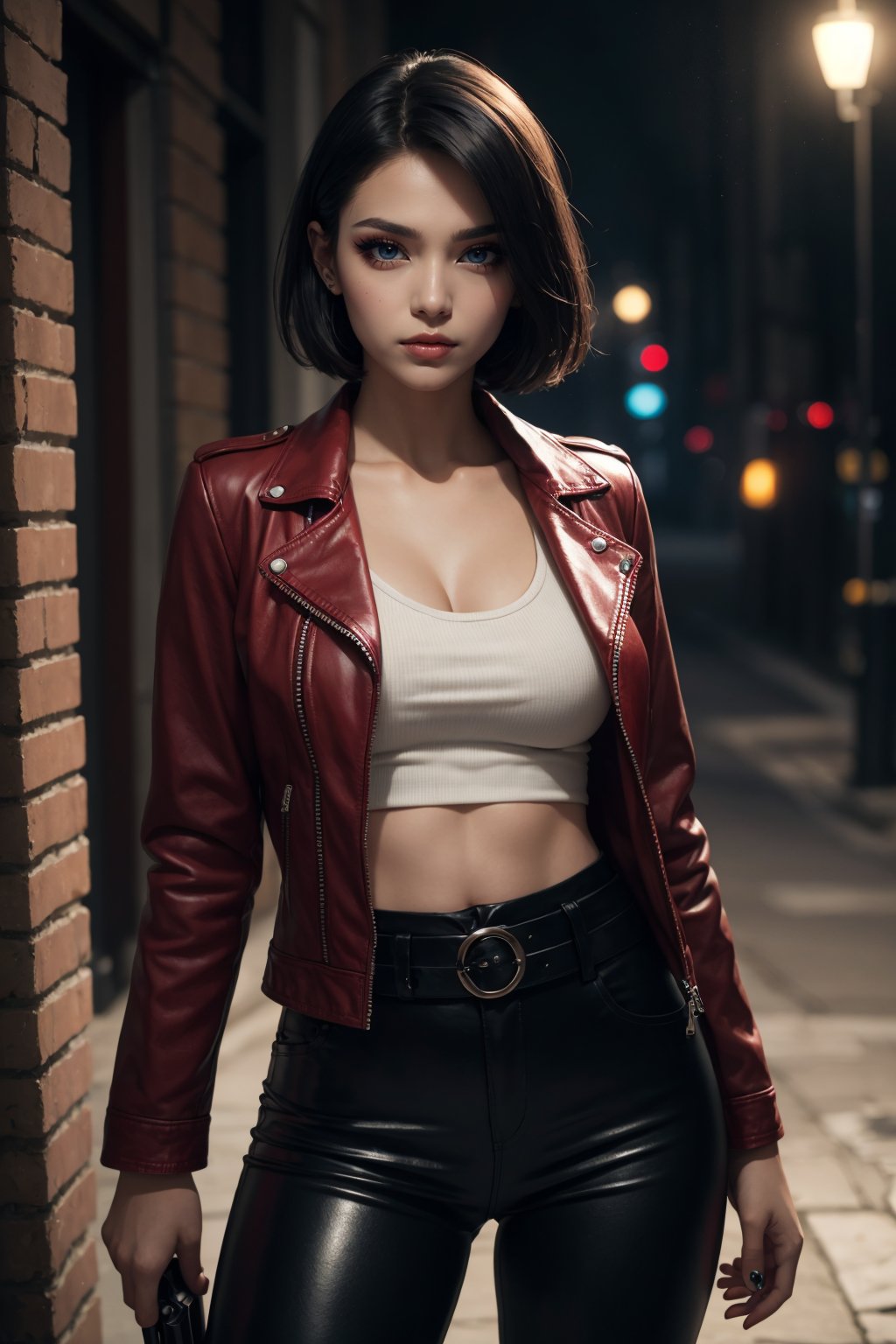 a beautiful 23 years old Ukrainian female vampire mercenary with short black hair, pale skin, wearing red leather jacket and black tight pants, holding dual handguns, view from front, waist up shot, dynamic pose, ambient lighting, photo realism, intricate face detail, intricate hand details, highly detailed, vibrant colors, cinematic, high definition, trending on Artstation--style raw (eye line:0.7) (eyeshadow:0.7), super detailed eyes, dark eye, red lipstik