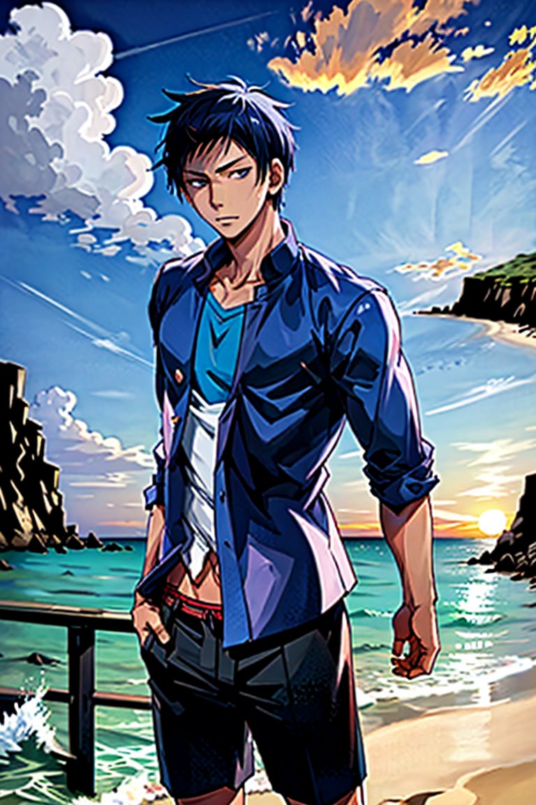 dessine un jeune homme au bord de la mer sous un coucher de soleil, AOMINE DAIKI, 