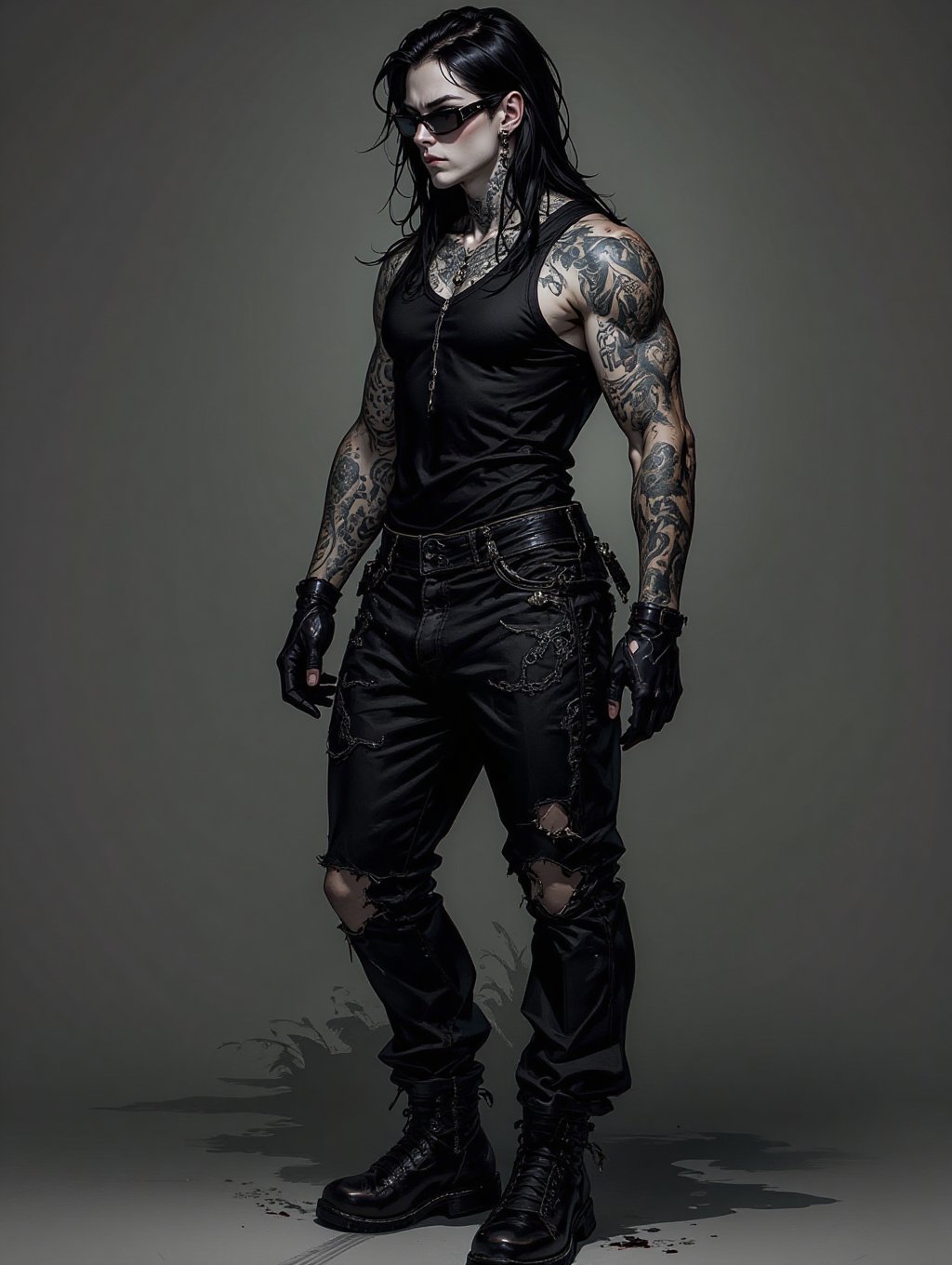 fullbody, handsome male goth with pale skin, long straight black hair, dressed in black ripped jeans with a black tanktop, sunglasses, tattooed, tattooed body, face piercings