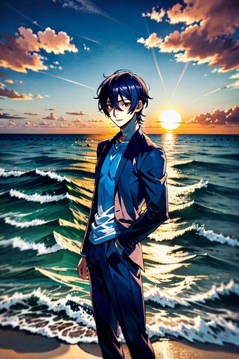 Un jeune homme au bord de la mer sous un coucher de soleil, AOMINE DAIKI, 