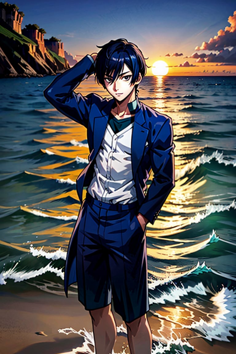 dessine un jeune homme au bord de la mer sous un coucher de soleil, AOMINE DAIKI, 