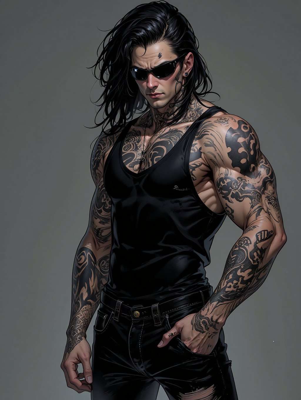 fullbody, handsome male goth with pale skin, long straight black hair, dressed in black ripped jeans with a black tanktop, sunglasses, tattooed, tattooed body, face piercings