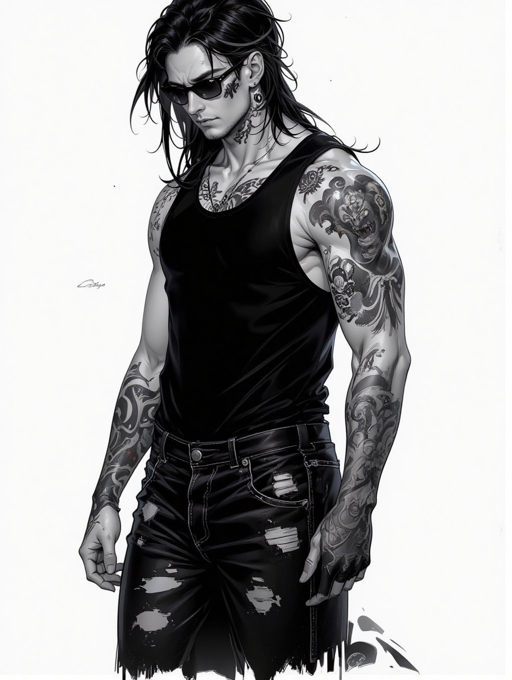 fullbody, handsome male goth with pale skin, long straight black hair, dressed in black ripped jeans with a black tanktop, sunglasses, tattooed, tattooed body, face piercings