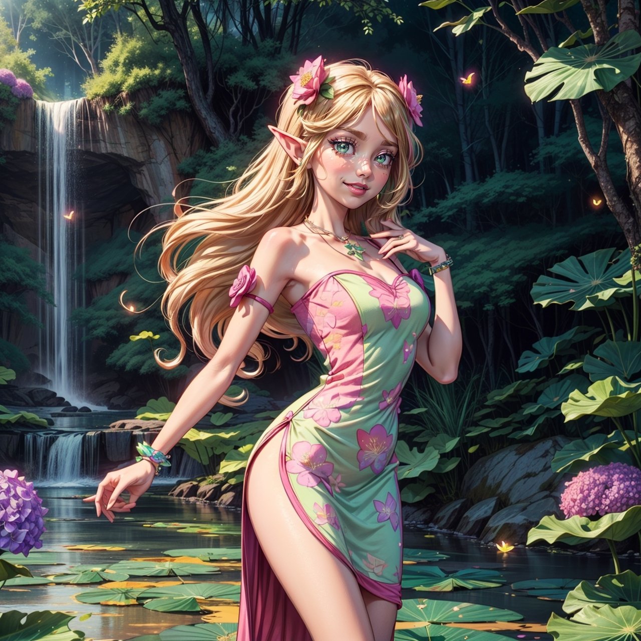 ((elf ear, pointed ear)), (pink lip, long hair, ((two sides up hair)), flowing hair, hair bang, floral hair, flowers on hair, flowers hair clip. Flower accessories, long length hair, heavy hair, beige hair, Platinum blonde hair color, pastel hair, pink stripes hair, ((green eyes)), (enchanted forest, waterfall, lotus, hydrangea bush, blue sky, Quartz, butterflies, fireflies, Abundant, paradise, magic aura, green magic around), ((pink and green dress, short dress, sparkling dress, flower pattern outfit, glitter, gem necklace, jewel, long gloves, flower shape, flower pouch, flowers bracelet)), High detailed, bright sky, flower_hair_ornament, faux, beige fur, bare shoulder, happy,((pink flowers trim dress)), star butterfly,(Flora) Rosy maple moth, ((colorful flowers)), ((Floor length hair)),star butterfly, half body shot, cowboy shot, portrait, ((face focus)), fresh flower on dress ((rainbow)), smile, :), playful, ((joyful pose)) flower on cheek