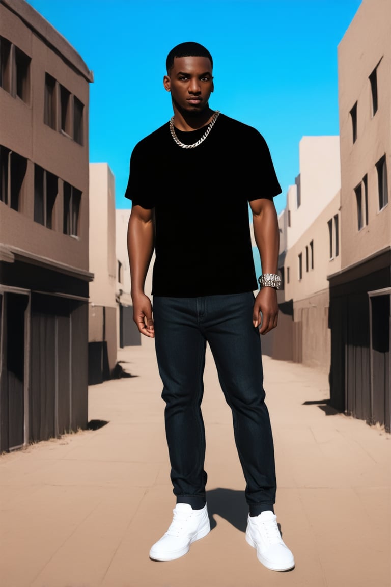 Masterpiece ,black character "Brayo", Ghetto city background,comic style art, he is wearing a black T shirt ,black jeans and sneakers,neck chain jewelry,sunny day , detailed face