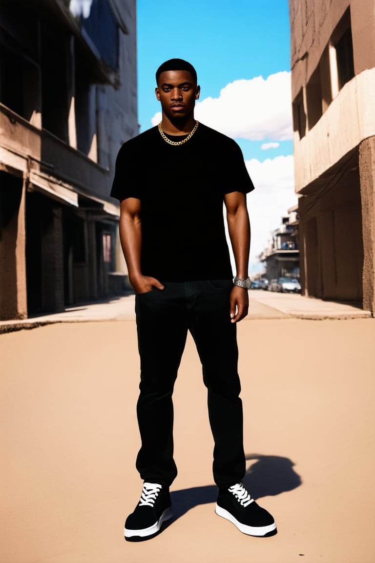 Masterpiece ,black character "Brayo", Ghetto city background,comic style art, he is wearing a black T shirt ,black jeans and sneakers,neck chain jewelry,sunny day , detailed face