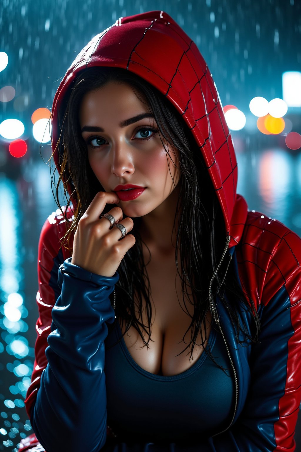 Extreme realistic depiction of a Wet Beauty Under Night Rain, in upper body shot, curvaceous glamorous body, hair hair over one eye,  extremely wet, realistic wet skin texture, realistic wet clothing heavy rain, realistic fabric texture, casual shirt and a spider-man hooded jacket,  crop top, adjusting her wet hair, head tilted slightly down.

Show a few wet hair flyaways around her face, catching the light and adding a natural, slightly messy look.detailed iris patterns in her eyes, with subtle color variations and a bright highlight, glossy texture to her nails, with soft reflections and a natural curve, adding to the overall wet appearance.

Leaning forward slightly with her hand resting on her chin, looking straight ahead with a thoughtful expression.