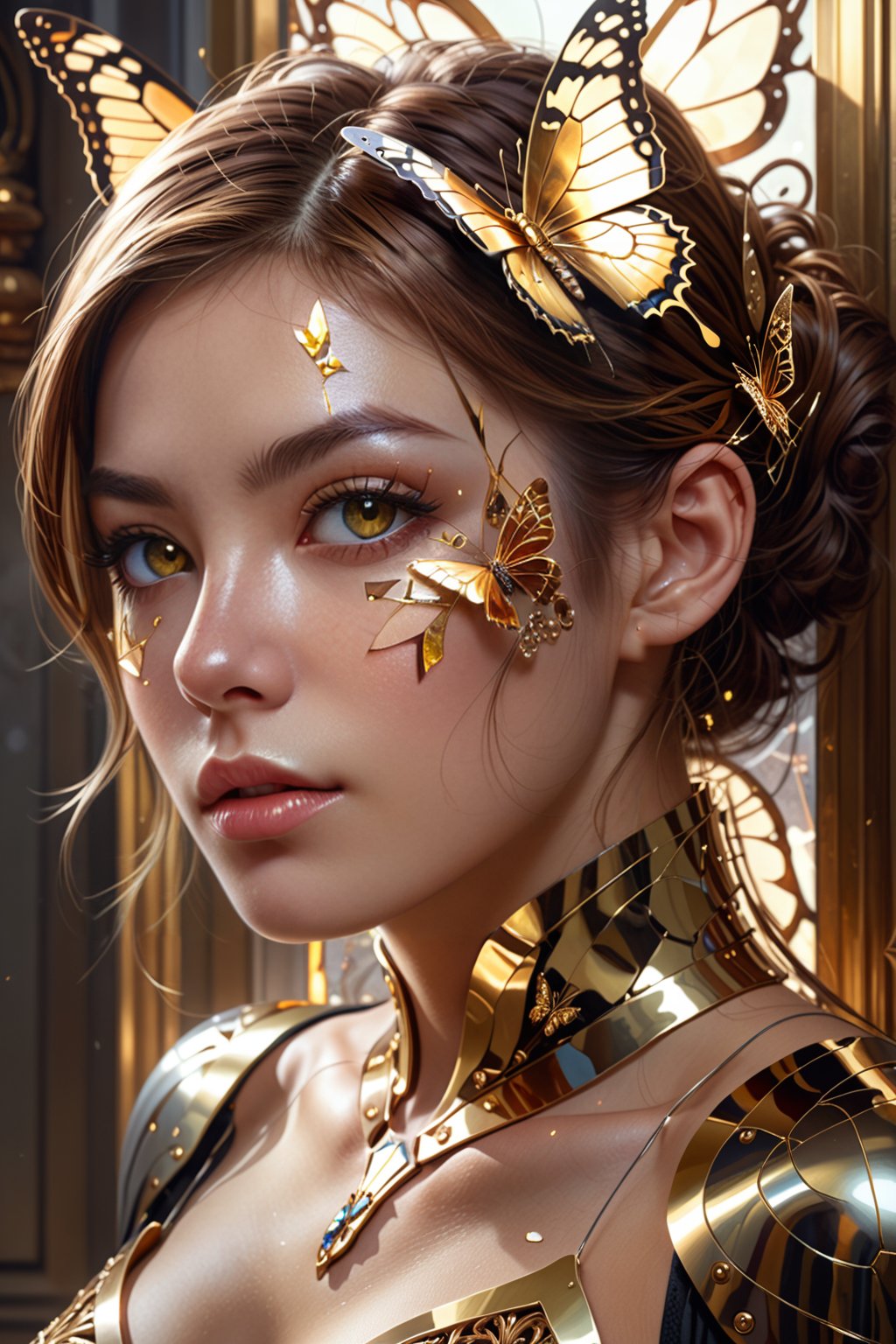 photo, 8k portrait of beautiful cyborg with brown hair, intricate, elegant, highly detailed, majestic, digital photography, art by artgerm and ruan jia and greg rutkowski surreal painting gold butterfly filigree, broken glass, (masterpiece, side lighting, finely detailed beautiful eyes: 1.2), hdr, realistic, high definition