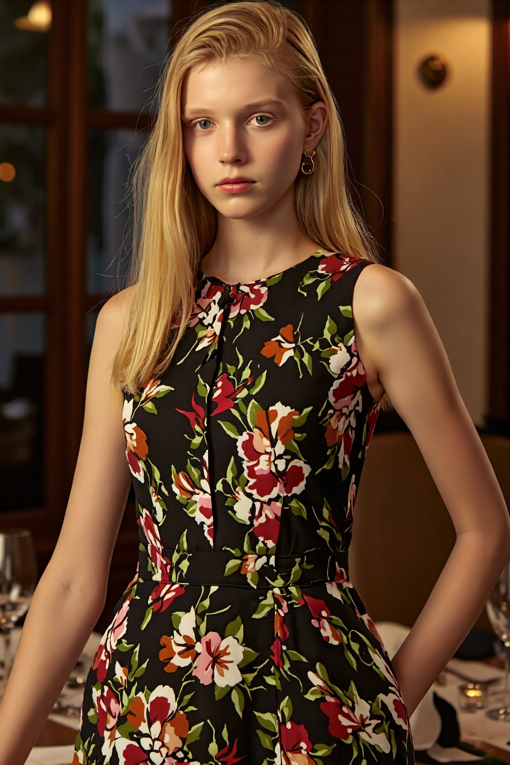 beautiful young 20 year old Slavic girl sophisticated elegant feminine straight natural blonde hair Ralph Lauren flower dress Italy Burano Island night restaurant 