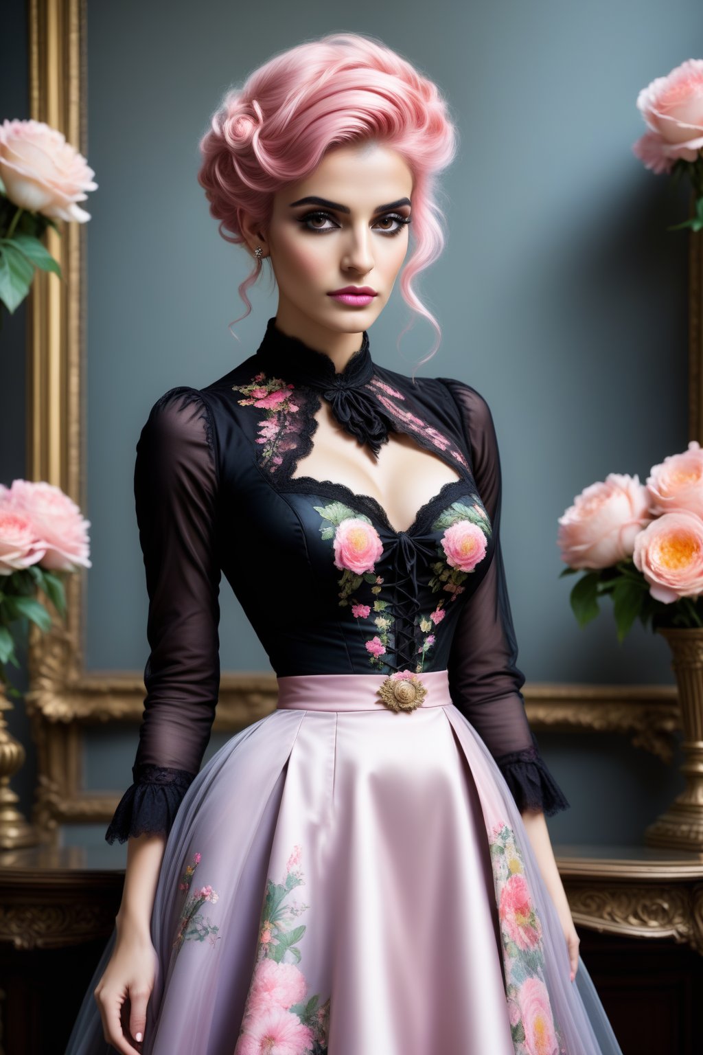 Styled by Howard Chandler Christy, Faiza Magni, Henry Justice Ford, Jessica Durrant, doom and gloom beautiful girl, pastel pink hair up, gray eyes, wearing a gothic black dress, beautiful, detailed floral background.