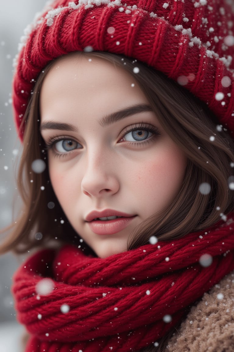 1girl, solo, scarf, brown_hair, brown_eyes, hat, looking_at_viewer, long_hair, snowing, lips, snow, realistic, red_scarf, portrait, parted_lips, face, red_headwear, snowflakes, nose, blurry, close-up, eyelashes, outdoors