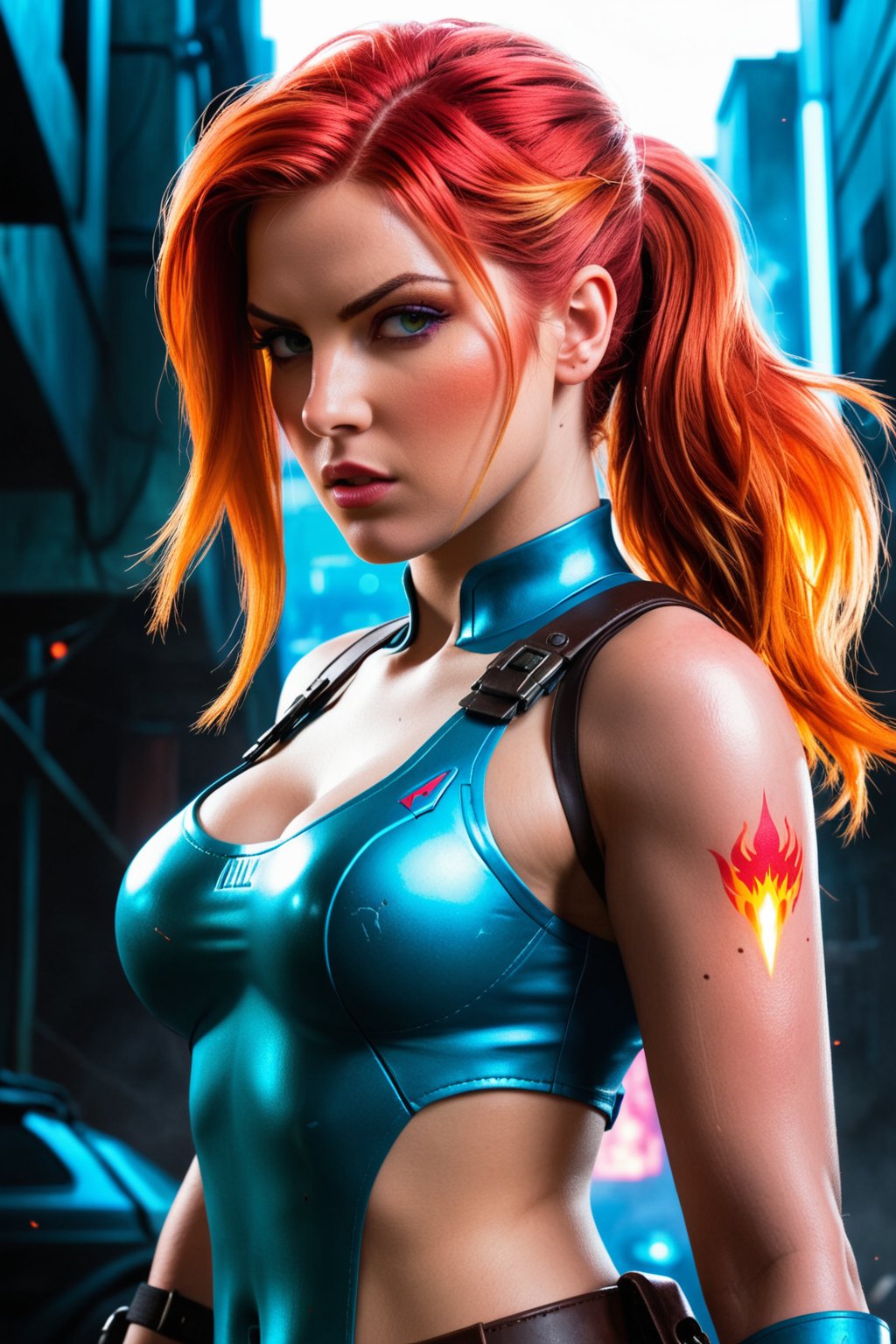 An illustration of a fierce character with fiery hair, in the style of Molecular, [lara croft:(princess peach):zelda princess:panam palmer:samus:ciri:jill valentine], Al Capp, intense and powerful, photo-enhanced, cyberpunk genre, fiery red