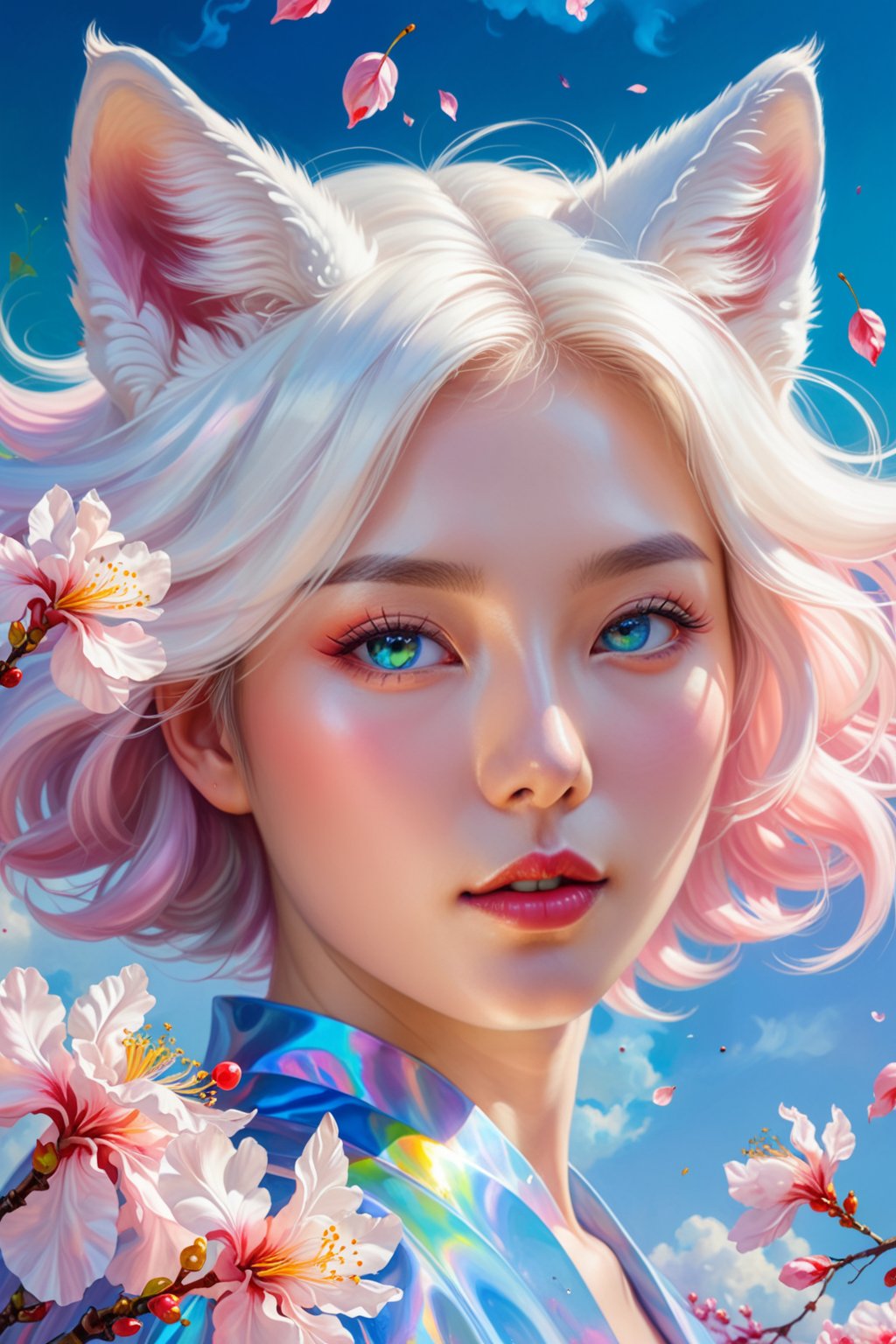 james jean, floating white fox figure made of sakura cherry blossom leaf, smoke, in the sky, colorful and vibrant, mystical colors, contemporary impressionism, yanjun cheng portrait painting, iridescent painting, 3/4 perspective view, cute face, low angle, sweeping circling composition, large beautiful crystal eyes, big irises, UHD, HDR, 8K, (Masterpiece:1.5), (the most beautiful portrait in the world:1.5)