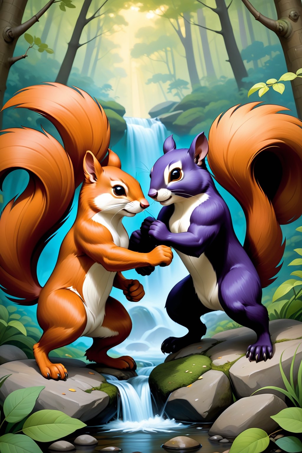 by Jeremiah Ketner and Bruce Weber,   action shot, fighting, fantasy, gigantic squirrels, bosstyle                 