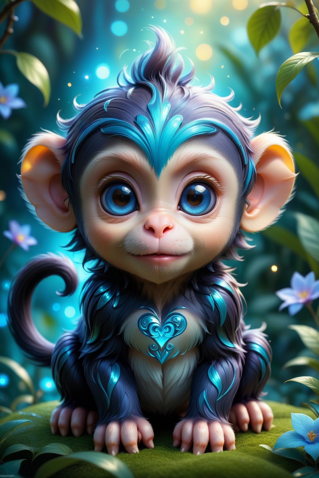 A Whimsical Adorable Cute Chibi Baby Monkey Composed Of Blue Colors with Endearing Iridescent Swirls, Sparkly, Ethereal Enchanted Garden, Big Shiny Eyes, Love Energy, Soft Lighting, 8k Sharp Centered Focus Quality, WLOP, Trending On Artstation, Intricate Details, Highly Detailed, Deep Color, Fantastical, Intricate Detail, Complementary Colors, Fantasy Concept Art, Trending On Artstation. vibrant, Masterpiece, (32k), perfect anatomy, enhanced resolution, best quality, enhanced details, best artist, sharp edges, detailed textures, ((full body shot)), atmospheric lighting, visually stunning, perfect composition, trending on behance