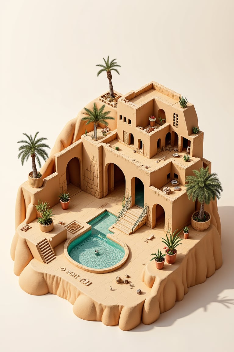 8k, RAW photos, top quality, masterpiece: 1.3),
The oasis town of Wacachina in the desert
, miniature, landscape, depth of field, ladder,  from above, English text,architecture, tree, potted plants, isometric style, simple background, white background,3d isometric,steampunk style,ff14bg,DonMSt33lM4g1cXL