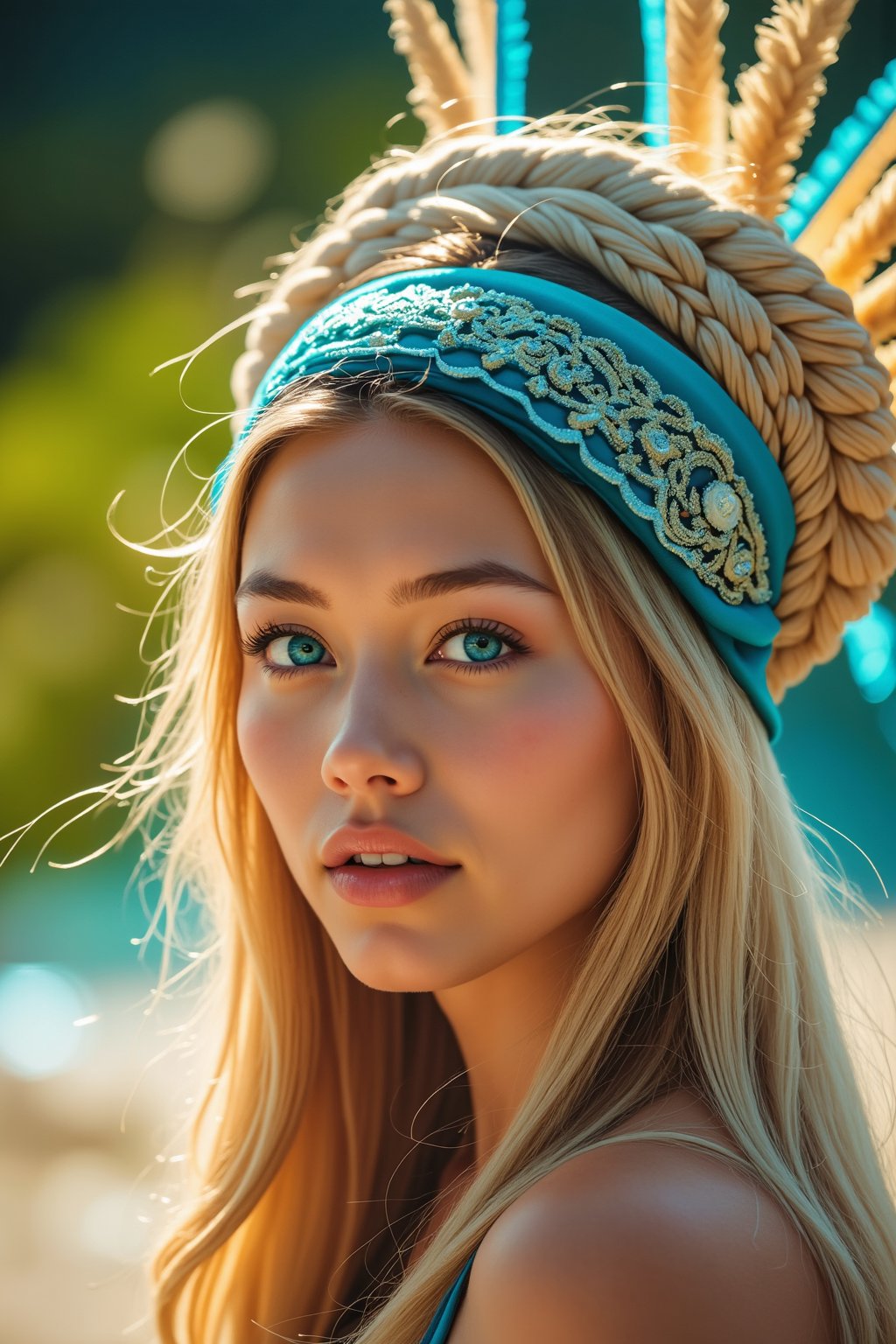 crayon,glow, Capture an effulgent young woman adorned in resplendent, culturally-evocative garb. Her visage, a study in lambent beauty, is framed by a headdress of intricate, turquoise and ivory textile. Alabaster hair, shot through with diaphanous strands, cascades around her shoulders, a stark contrast to her sun-kissed complexion. Her eyes, cerulean pools reflecting an inner luminescence, hold a nuanced expression of wary curiosity.  Emphasize the meticulous detail in her attire, the interplay of light and shadow across the scene, and the ethereal quality of her presence.  A low-angle, close-up shot, bathed in warm, natural light, will best capture her arresting allure. The background should dissolve into a soft bokeh of verdant hues, hinting at a lush, tropical setting.