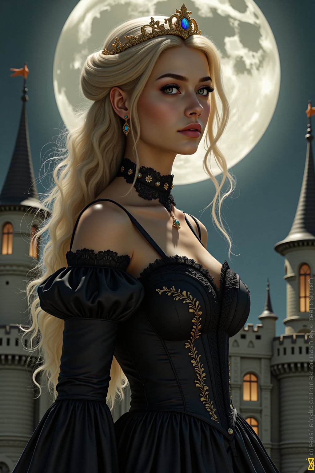 Elegantism, opulent scene, full portrait of a Victorian lady, heroic, black clothes, gold trim, full moon, castle, head and shoulders portrait, 8k resolution. (masterpiece, top quality, best quality, official art, beautiful and aesthetic:1.2), (1girl:1.4), upper body, blonde hair, portrait, extreme detailed, in the style of esao andrews