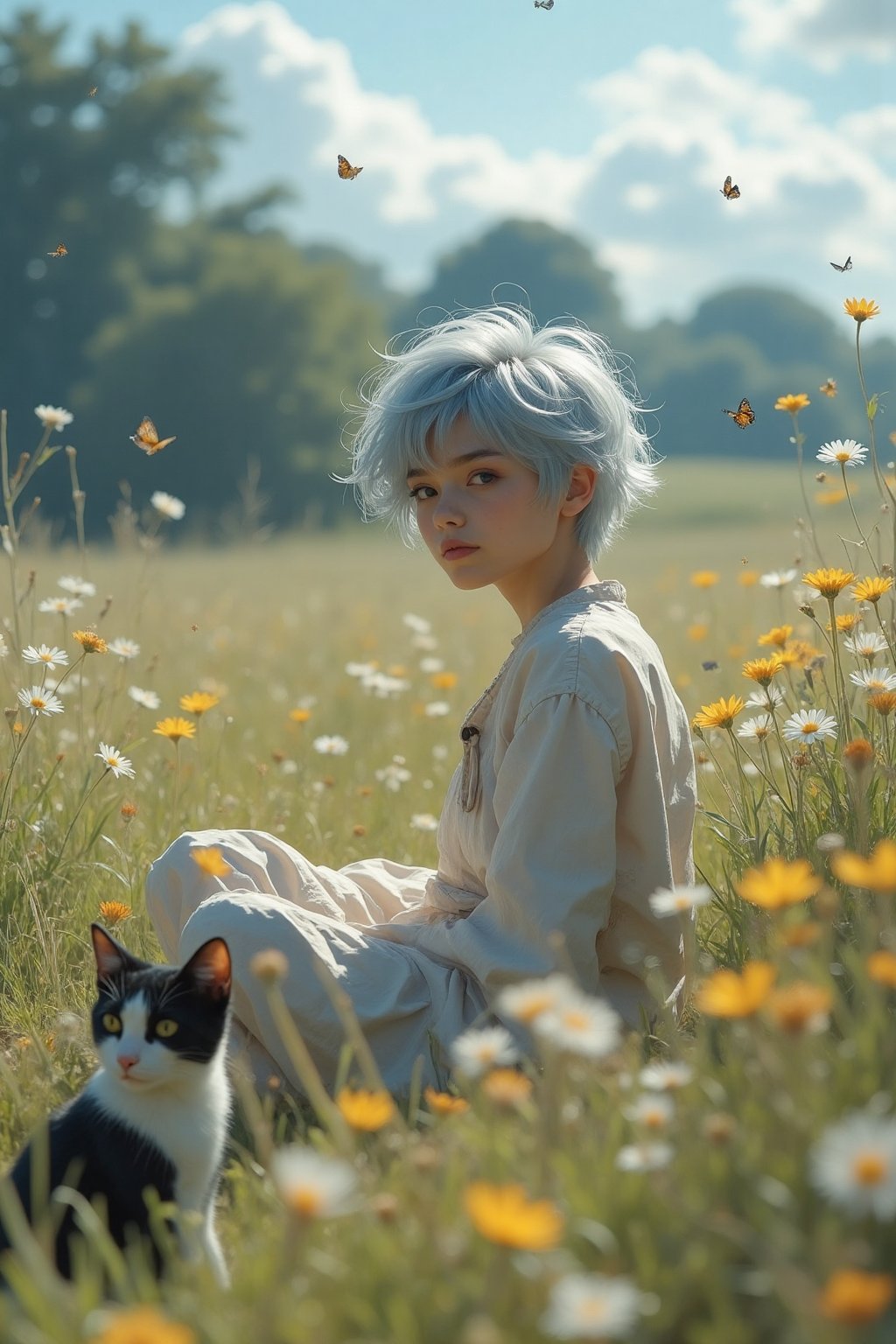 sitting in an open meadow, wild flowers and butterflies all around, happy, short light blue hair, cute summer dress, her little black and white cat sits beside her, glasses