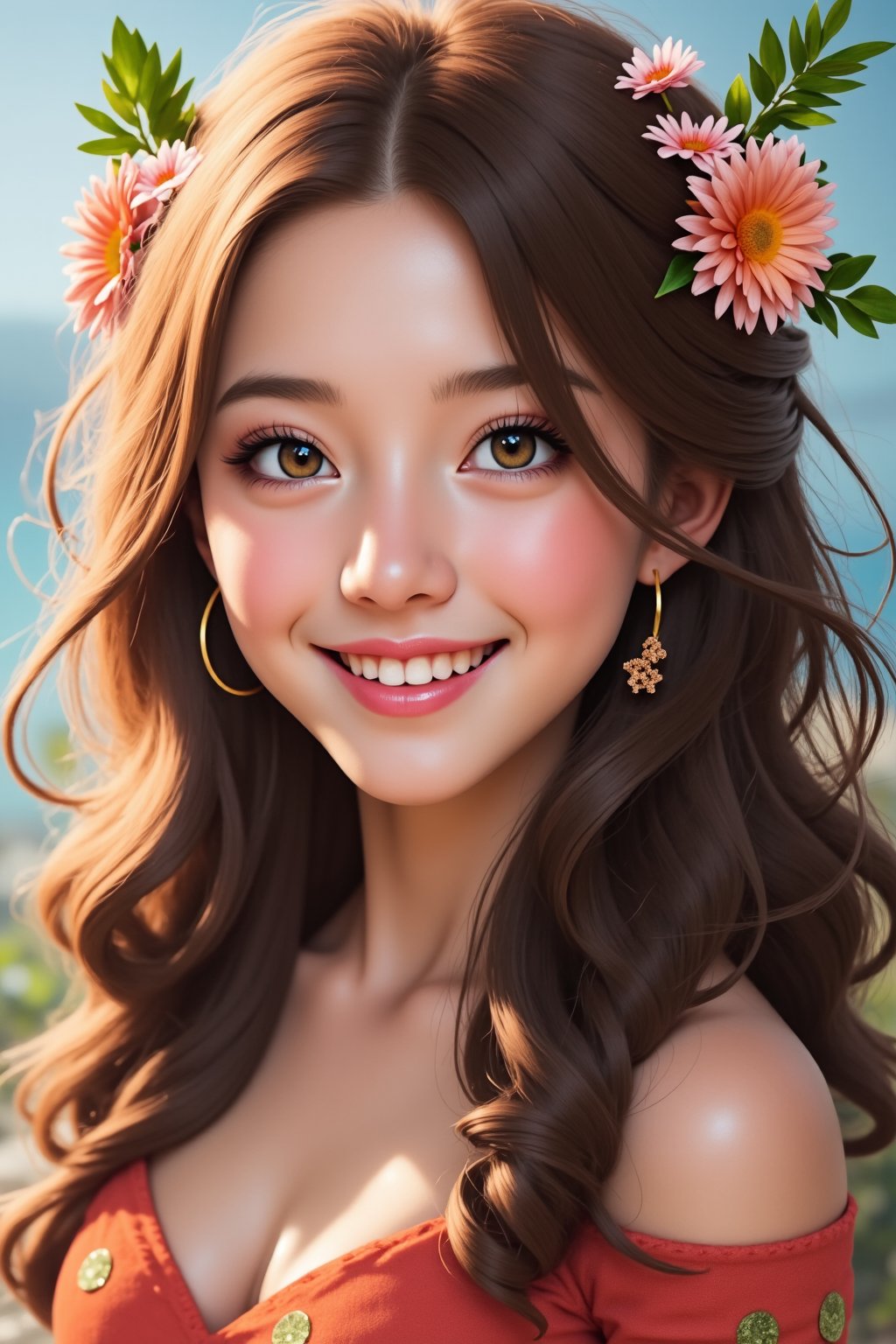 female, solo, human, feral, hair, long_hair, smile, flower, garland, looking_at_viewer, mammal, hi_res, flower_in_hair, wavy_hair, floral, digital_media_(artwork), 3d_(artwork), human_focus, not_furry_focus, flower_garland, 1girl, jewelry, earrings, realistic, long hair, looking at viewer, hoop earrings, brown eyes, brown hair, portrait